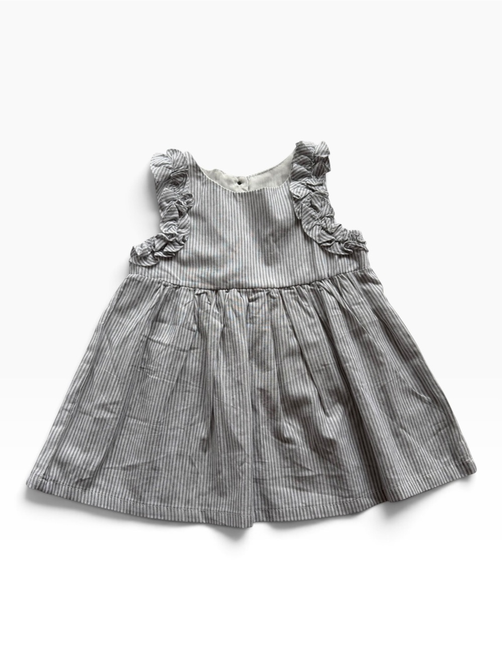 Tahari Gray Pinstripe Ruffle-Shoulder Dress